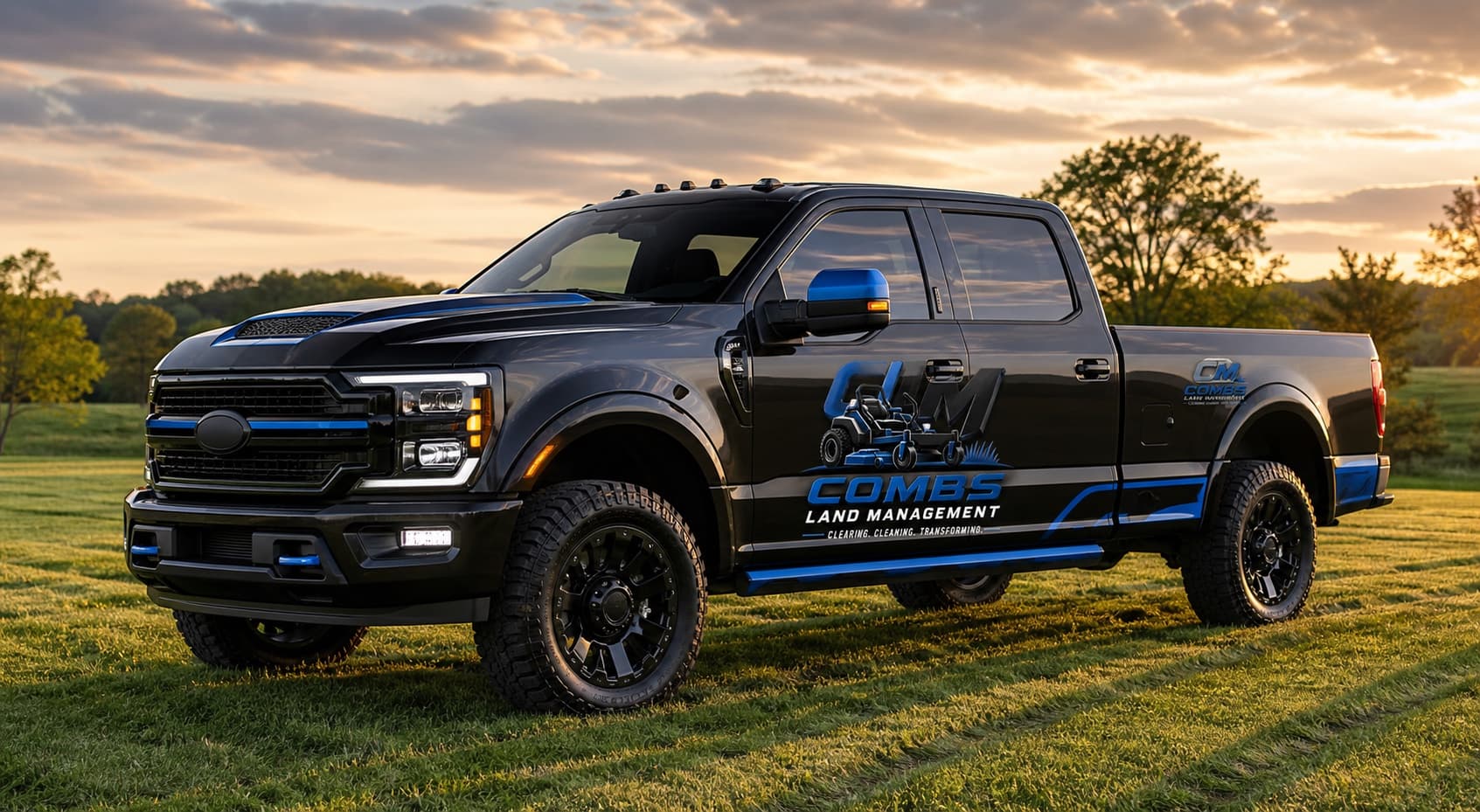 Black and blue Combs Land Management work truck on a freshly cut lawn